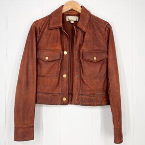 Michael Kors Lamb Leather Jacket Cropped Distressed Rustic Size Small Brown